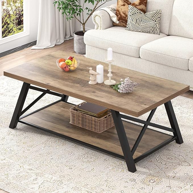 EXCEFUR Modern Coffee Table, Rectangle Center Table for Living Room with Storage Shelf, Industrial Wood and Metal Cocktail Tea Table, Rustic Oak, 47 Inch