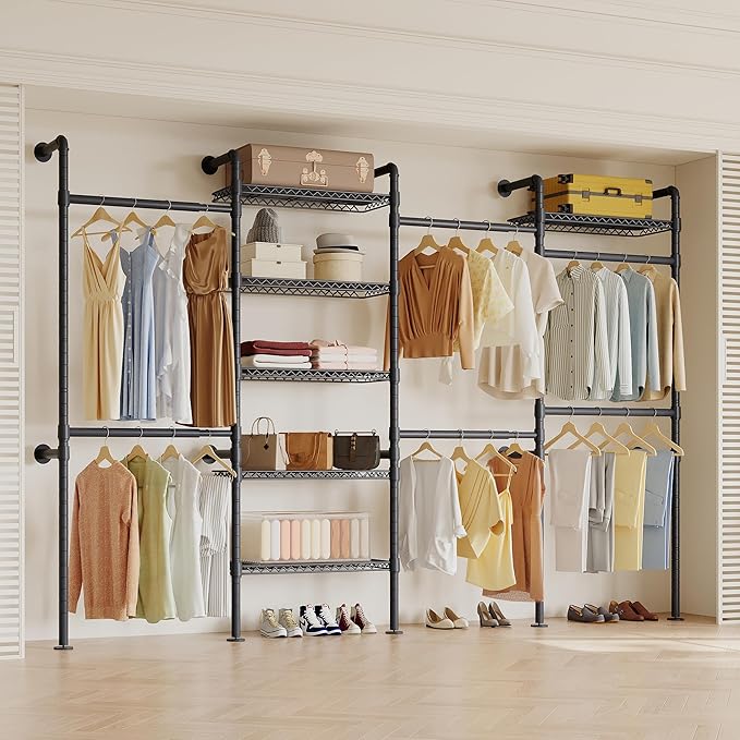 W4 Industrial Pipe Clothing Rack Wall Mounted Closet System Expandable Clothes Rack for Hanging Clothes, Heavy Duty Garment Rack Adjustable for Walk in Closet, Black