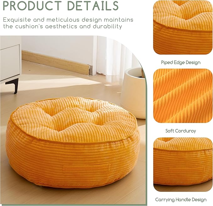 8" Washable Floor Pillow Cushion for Adults, Meditation Cushion Pillow, Large Round Floor Sitting, Removable Tufted Corduroy Cover, for Tatami Living Room or Yoga, 22x22 Inch, Machine Washable