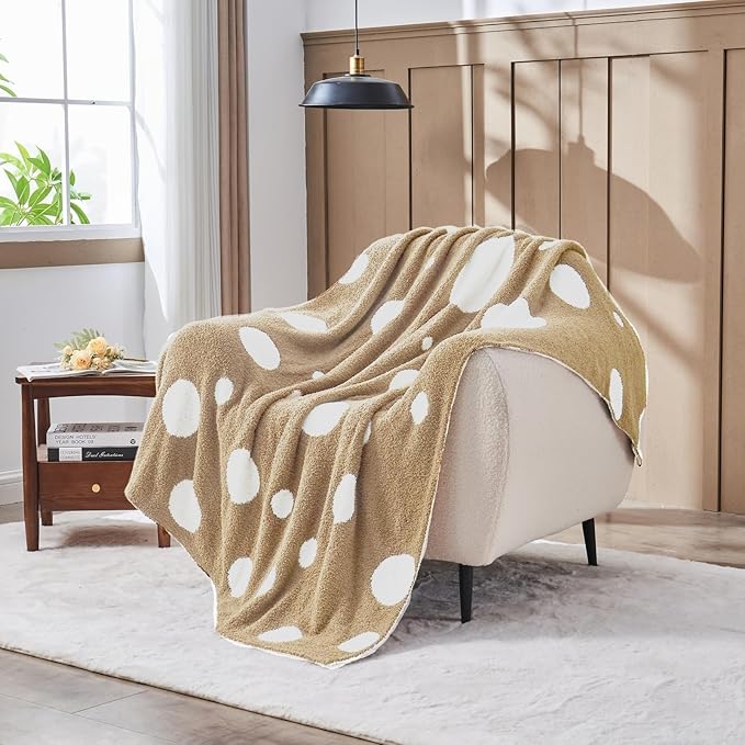CozeCube Super Soft Fullfy Microfiber Reversible Knitted Blankets, Warm Cozy Fuzzy Plush Throw, Beige and White Polka Dot Throw Blanket for Couch Bed Sofa, 50" x 60"