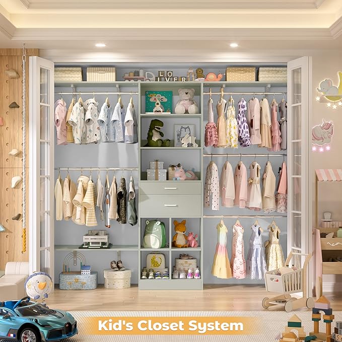 8FT Closet System - 96" Closet Organizer System with Wooden Drawers,Closet Systems for Walk-In Closets with Cuttable Hanging Shelving, Green