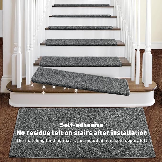 PURE ERA Bullnose Carpet Stair Treads Set Tape Free Non-Slip Indoor Stair Protectors Pet Friendly Rugs Covers Soft Skid Resistant Washable Reusable 9.5" x 30"(7 Pieces,Dark Gray)