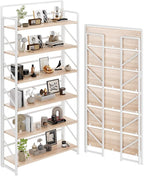 JSB Folding Bookshelf,Industrial Storage Shelves, No Assembly Vintage Wood Look Bookshelf with Storage Shelves for Living Room, Bedroom, Office (White, Wide 6-Tier)