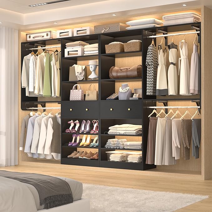 [10 FT Closet System] 120 Inch Reversible Set of 2 Wood Closet Organizer System with 2 Drawers, 4 Hanging Rods Adjustable Shelf, Walk In Closet Organizers with Shoe Rack, Garment Rack, Black