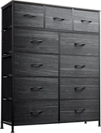 WLIVE Tall Dresser for Bedroom, Fabric Dressers Storage Tower, Dresser & Chest of Drawers with 11 Drawers, Storage Cabinet, Hallway, Closets, Steel Frame, Wood Top, Charcoal Black Wood Grain Print