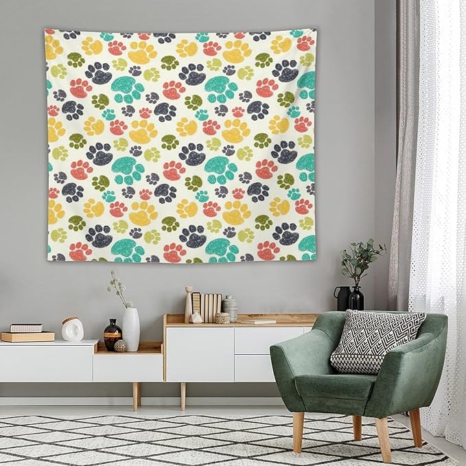 VUMIVI Dog Paw Tapestry Hand Painted Colorful Animal Footprints Doodle Kids Painting Tapestry Wall Hanging for Living Room Bedroom Dorm Classroom Aesthetic Decor W60xL50in