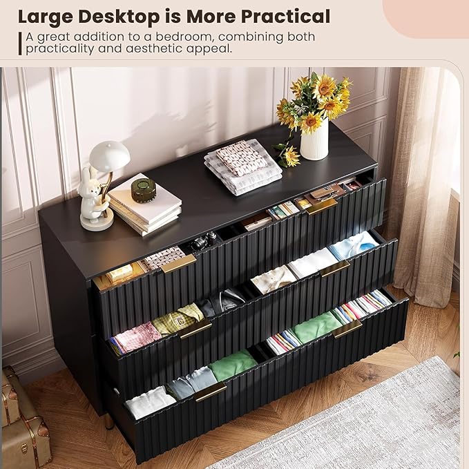 GarveeHome Fluted 6 Drawer Dresser for Bedroom, 47.2 in Wide Modern Chest of Drawers with Deep Drawers, Large Double Dresser TV Stand, Wooden Organizer for Living Room, Hallway, Kids Room, Black