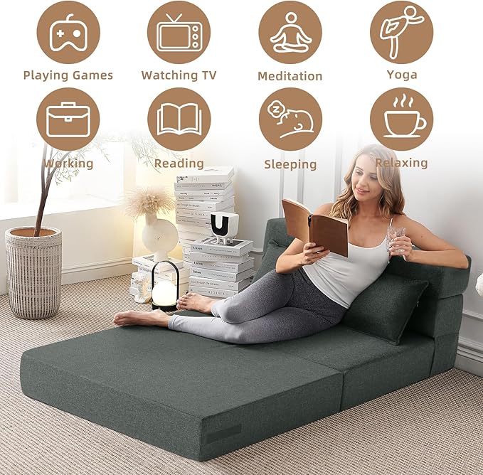 FILUXE Convertible Folding Sofa Bed - Sleeper Chair with Pillow, Modern Linen Fabric Floor & Futon Couch, Foldable Mattress for Living Room/Dorm/Guest/Home Office/Apartment, Standard Size, Dark Gray