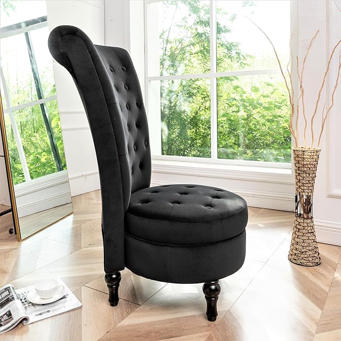 Royal High-Back Velvet Accent Chair for Vanity with Storage and Luxurious Upholstery, Retro Design and Versatile Usage for Living Room, Bedroom, Lounge and Office, Black