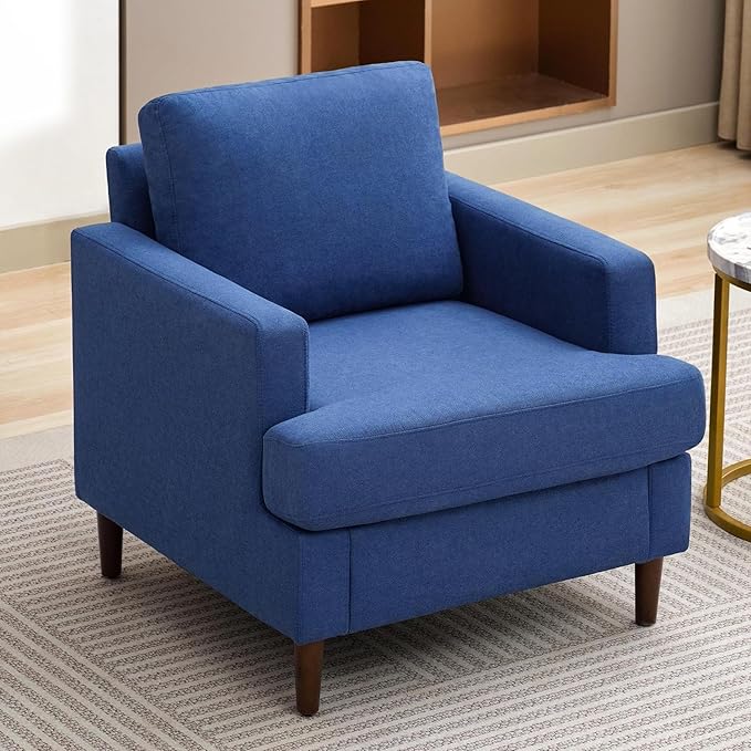Mid-Century Accent Chair,Modern Linen Fabric Armchair for Living Room,Comfy Upholstered Reading Accent Chairs for Bedroom,Single Sofa Chair with Wood Legs (Blue, 1 Pack)