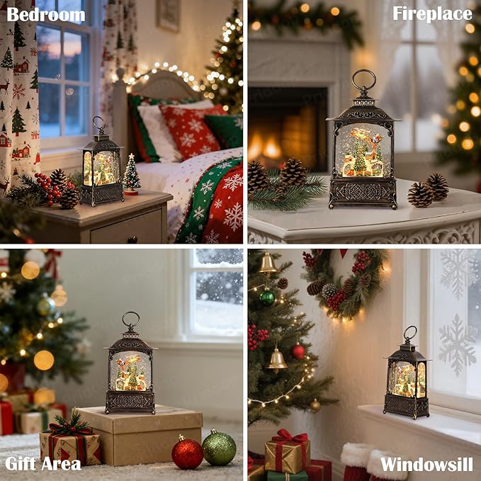 Village Snow Globe Christmas Decorations Indoor Santa Claus Reindeer Church Cabin Snow Village Scene Gifts Classic Relief Texture Musical Glitter Snowfall USB/Battery Timer Lantern 10.4 inch
