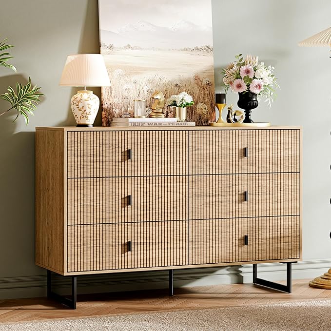 6 Drawer Dresser,47" Wide Mid Century Chest of Drawers,Wooden Bedroom Drawer Dresser with 6 Storage Drawers for Bedroom,Living Room,with Anti-Tipping Device,Warm Wood