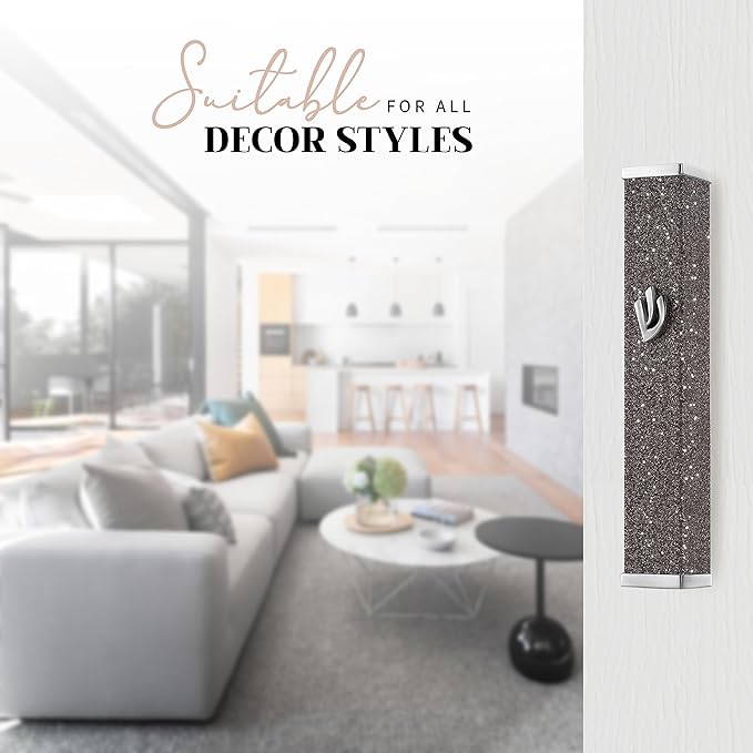 SURI Jewish Door Mezuzah – 3.8 Inch Sparkling Dark Aluminum Mezuza Holder with Printed Scroll, for Indoor or Outdoor Entry, Fits a 3 Inch Scroll, Self-Stick Adhesive
