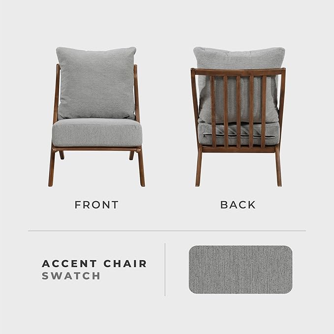 Lexicon Modern Accent Chair, Pascal Brown Solid Rubberwood Frame, Woven Chenille Upholstered Armless Chair with Reversible Cushions and Removable Covers, for Living Room, Bedroom and Office, Grey