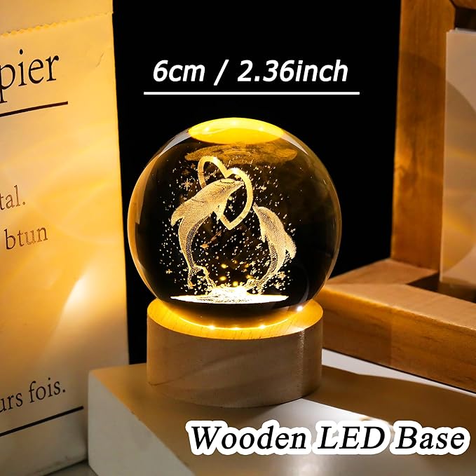 Dolphin Gifts for Women Men 3D Dolphins Crystal Ball with Wooden Light Base Glass Dolphin Statue Lamp Decor for Women Lovers for Christmas Valentines Birthday (Diameter 2.36 inches)