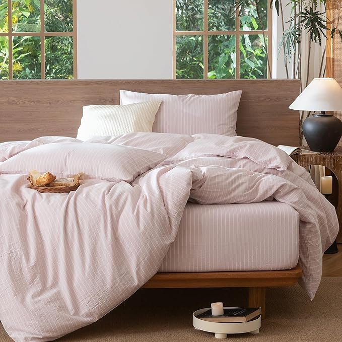 MooMee Striped Duvet Cover Set 100% Washed Cotton Linen Like Textured Breathable Durable Soft Comfy (Heathered Greyish Pink White Wide Stripes, Oversized Full 82"x86")