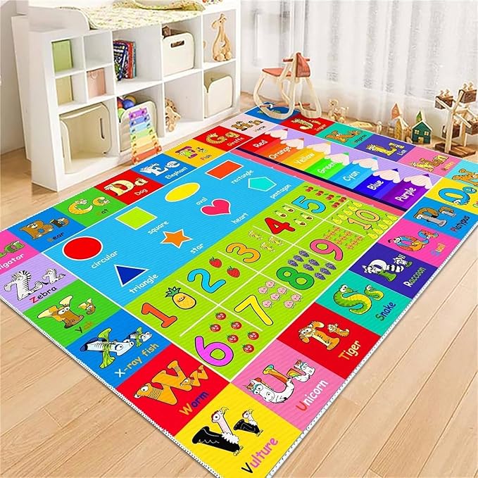 Kids Alphabet Play Game Rug - 9'x12' ABC Numbers and Shapes Educational Learning Toddler Carpet - Kids Room Playroom Classroom Kindergarten Activity Fun Soft Non-Slip Mat