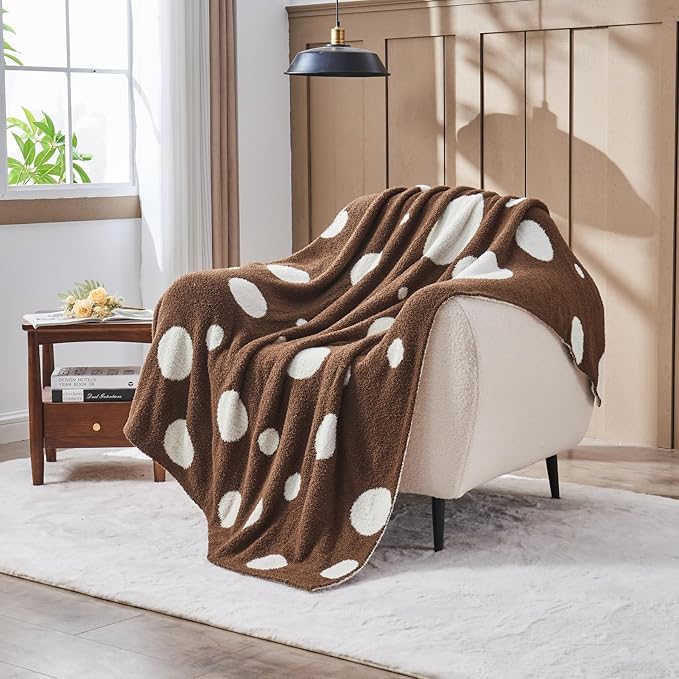 CozeCube Super Soft Fullfy Microfiber Reversible Knitted Blankets, Warm Cozy Fuzzy Plush Throw, Dark Brown and White Polka Dot Throw Blanket for Couch Bed Sofa, 50" x 60"