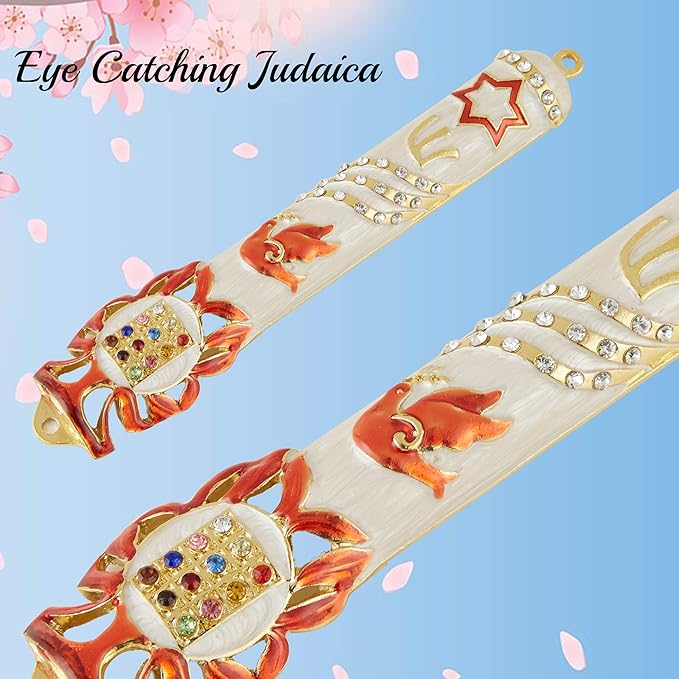 Matashi Hand Painted 5.7" Red and White Dove Mezuzah Embellished with Gold Accents and a Star of David w/Crystals Home Door Wall Decor Present House Blessing Gift for Holiday Festival
