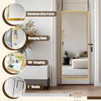 Antok Over The Door Mirror Full Length, 49'' x 14''Wall Mounted Hanging Mirror, Aluminum Alloy Frame, Shatterproof Glass, No Drill Installation for Bedroom, Closet, Bathroom, Dorm, Rect Corner, Gold