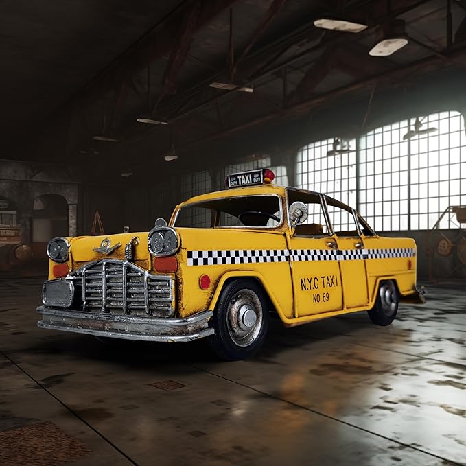 Retro Handmade Yellow NYC Classic Checkered Taxi Cab Model 11" L New York City Taxi Model Hand Made Metal Collectible Vehicle Model for Showcase Decor