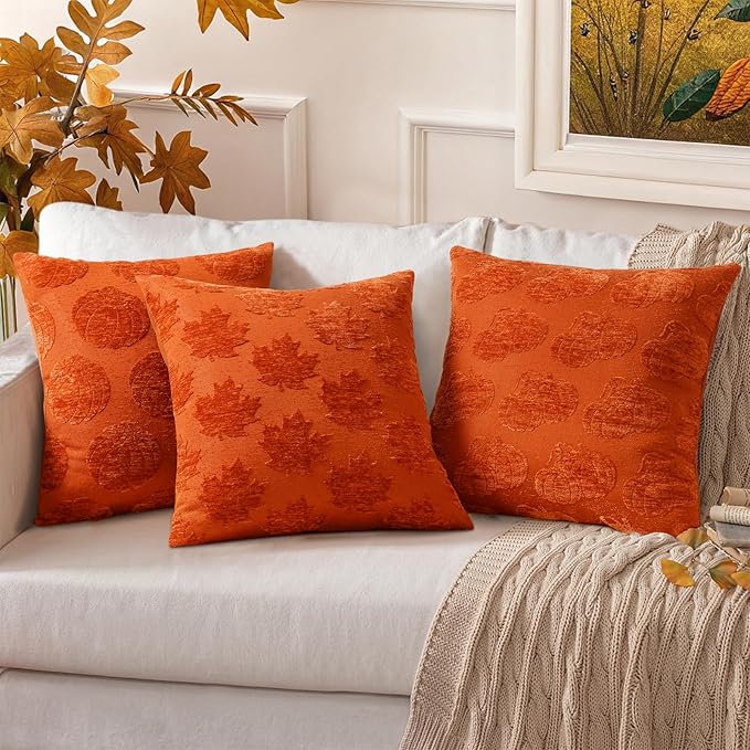 decorUhome Decorative Two Rust Pumpkins Thanksgiving Throw Pillow Covers 18x18 Set of 2, Soft Chenille Jacquard Farmhouse Textured Pillow Covers for Couch Bed Sofa Autumn Harvest Halloween Holiday