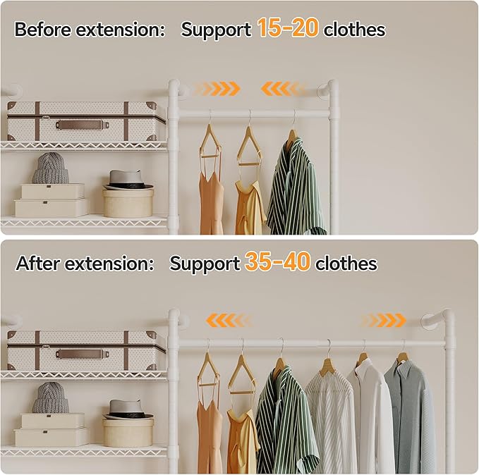 W4 Wall Mounted Closet System, Expandable Clothes Rack Heavy Duty Clothing Rack for Hanging Clothes, Industrial Pipe Closet Organizers for Reach in Closet, White