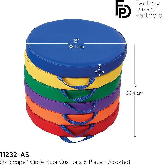 Factory Direct Partners SoftScape 15 inch Round Classroom Floor Cushions with Handles; Flexible Seating for Daycare, Preschool, Playroom; 2 inch Thick Deluxe Foam (6-Piece) - Assorted, 11232-AS