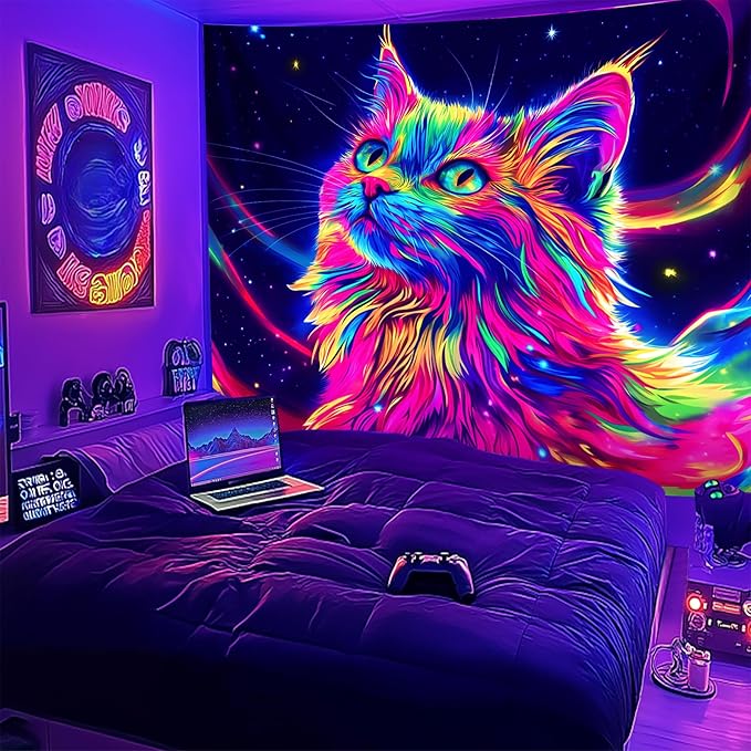 NYZE Cat Tapestry for Bedroom, Music Wall Tapestry, Party Decor Glow in the Dark Room Decor Tapestries, Cool Galaxy Planet Wall Hanging, Wall Hanging for Room Dorm 59in×51in