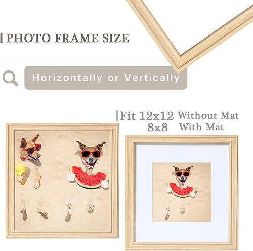 12x12 Picture Frame Natural,12 x 12 Frame with Mat for 8x 8,Rustic Wooden Frame 12x12 with Real Glass,Square 12 by 12 Frame Collage Gallery Frames Wall,Perfect Décor Gifts