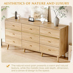 9 Drawer Dresser,63" Wide Mid Century Modern Chest of Drawers,Wooden Bedroom Drawer Dresser with 9 Storage Drawers for Bedroom, Living Room,with Anti-Tipping Device,Natural