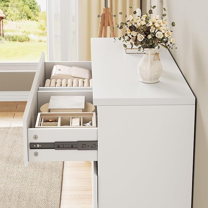White 6 Drawer Dresser for Bedroom, 15.3" D x 47.2" W x 32.3" H in Simply Modern Chest of Drawers, Wood Storage Double Dresser with Deep Drawers for Living Room, Hallway Entryway, White