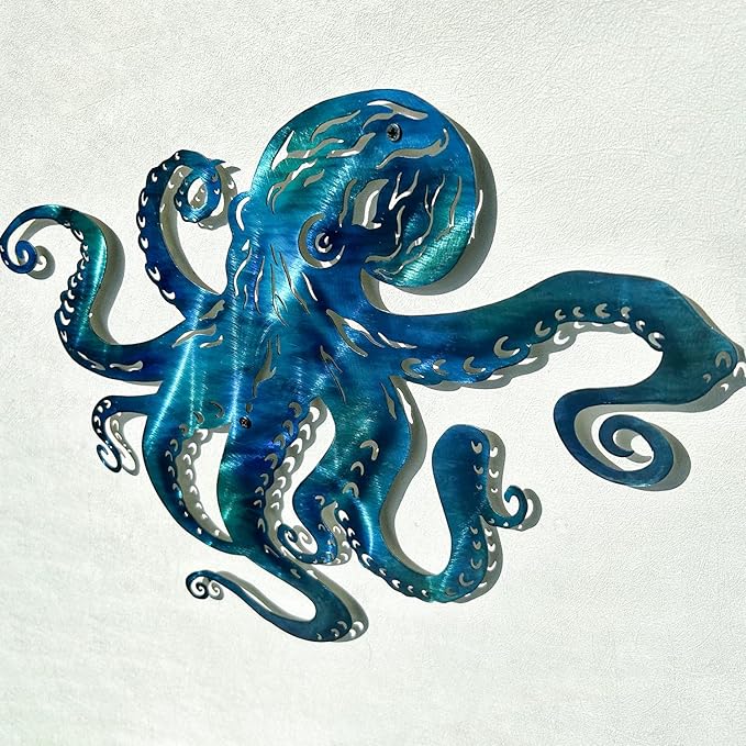 LiveInUrban Coastal Wall Art Octopus Metal Wall Sculptures, Ocean Beach Themed Metal Hanging Home Decoration 15.7"x11.1"
