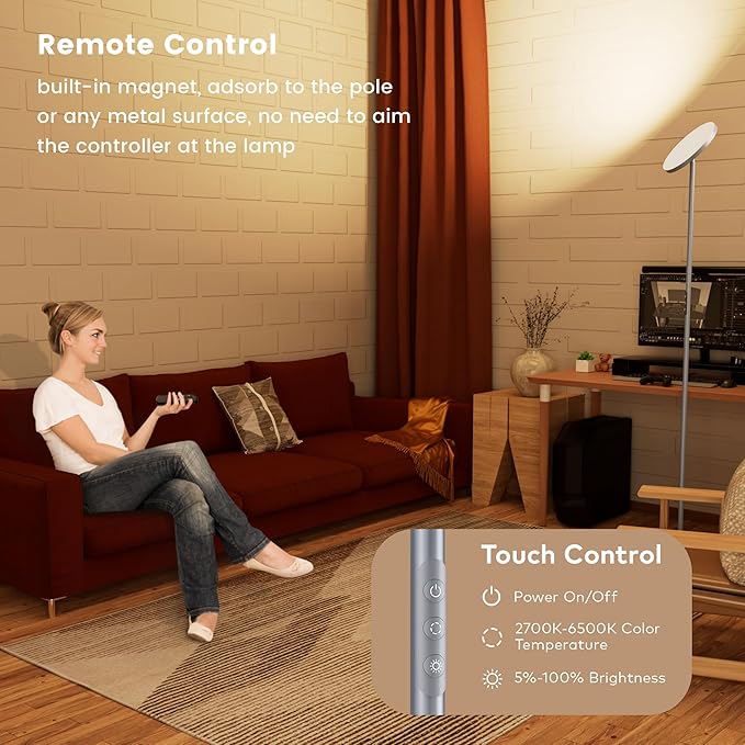 Floor Lamp,Bright 36W 3500LM Standing Lamp with Remote, 2700K Soft White to 6500K Cool White Adjustable,Touch Control Dimmable Torchiere Tall Light for Living Room,Bedroom,Office,Sofa(Gray)
