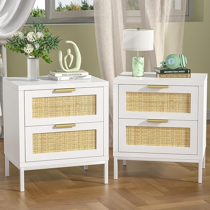 Giluta White nightstands Set of 2, Farmhouse Rattan Night Stand with 2 Drawers, 2 Rattan Drawers, Boho Bedside Table End Table for Small Space, Bedroom