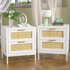Giluta White nightstands Set of 2, Farmhouse Rattan Night Stand with 2 Drawers, 2 Rattan Drawers, Boho Bedside Table End Table for Small Space, Bedroom