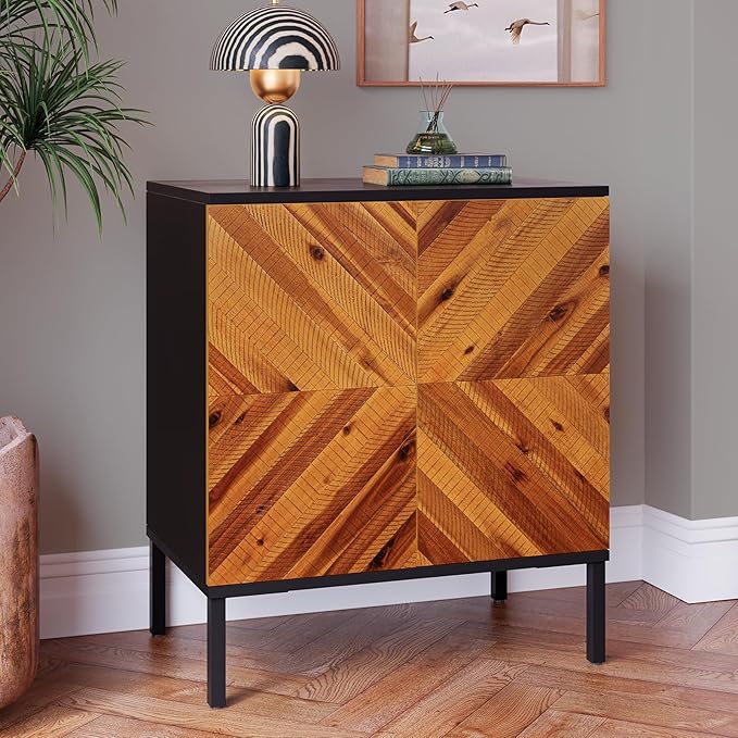 Bme Vivian Sideboard Buffet Cabinet, Solid Acacia Wood Storage Cabinet with 3 Doors, Rustic Golden Brown Mid Century Modern Sideboard for Dining Room, Kitchen, or Living Room
