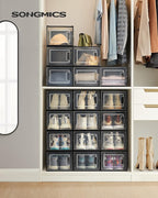 SONGMICS Shoe Boxes, Pack of 18 Shoe Storage Organizers, Stackable Clear Plastic Boxes for Closet, Sneakers, 13.7 x 9.9 x 7.4 Inches, Transparent and Black ULSP007B18