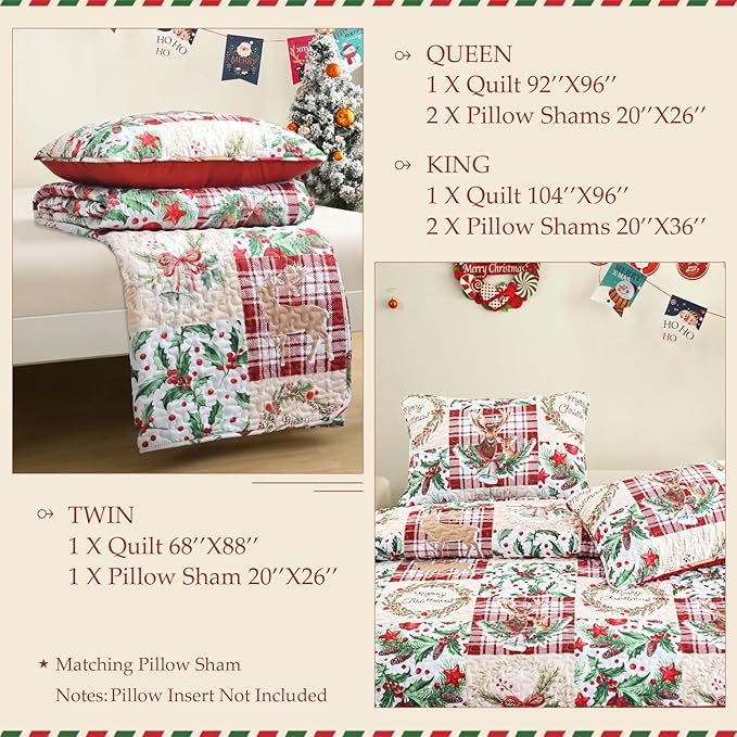 Exclusivo Mezcla Reversible Christmas Quilts Twin Size, Red Bedspread Lightweight Coverlet Winter Patchwork Quilt Bedding Set with Printed Reindeer Wreaths Pattern (1 Quilt, 1 Pillow Sham)