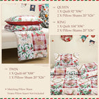 Exclusivo Mezcla Reversible Christmas Quilts Twin Size, Red Bedspread Lightweight Coverlet Winter Patchwork Quilt Bedding Set with Printed Reindeer Wreaths Pattern (1 Quilt, 1 Pillow Sham)
