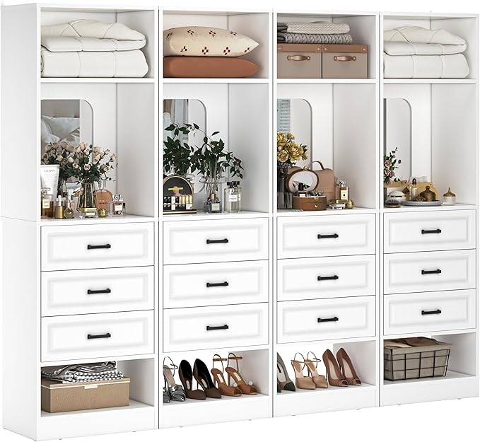 Unikito 100" Freestanding Closet System with Drawers, 8FT Closet Organizer Wardrobe with Storage Shelves and Mirror, Heavy Duty Wood Walk-in Closet Towers for Bedroom, Max Load 2000 LBS, White