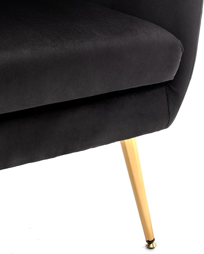 Modern Chic Mid-Century Velvet Accent Armchair for Living Room, Bedroom, or Home Office, Button-Tufted Wingback Design with Gold Flared Legs, Black