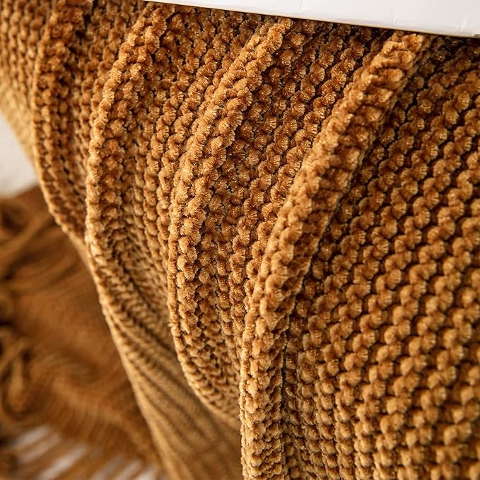 lifein Throw Blanket for Couch, Soft Boho Decor Bed Throw,Cozy Brown Knitted Chenille Small Farmhouse Lightweight Throw (Golden Brown,60 * 80")