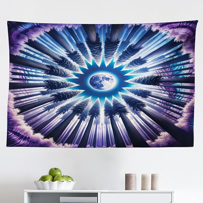 Ambesonne Trippy Tapestry, Indigo Tones Outer Space Featuring Moon with Psychedelic Abstract Woods, Fabric Wall Hanging Decor for Bedroom Living Room Dorm, 45" X 30", Pale Fuchsia Sea Blue