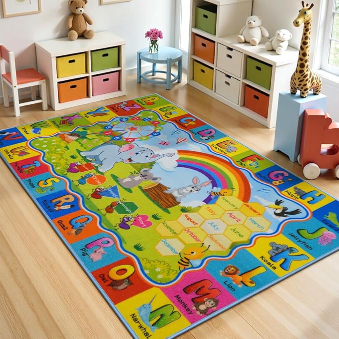 STARUIA ABC Rugs for Kids Playroom, Non-Slip Colorful Educational Kids Rug for Learning Alphabet Animals Numbers Months Shapes, Washable ABC Carpet Play Rug for Nursery Kid Room Decor (36"X59")