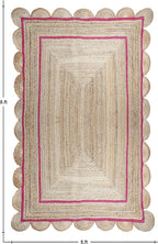 Scalloped Edge Rug, Hand Woven Natural Jute Area Rug, 9x9 Ft Square Beige & Pink Braided Kilim Rugs for Living Room, Kitchen, Entryway, Farmhouse