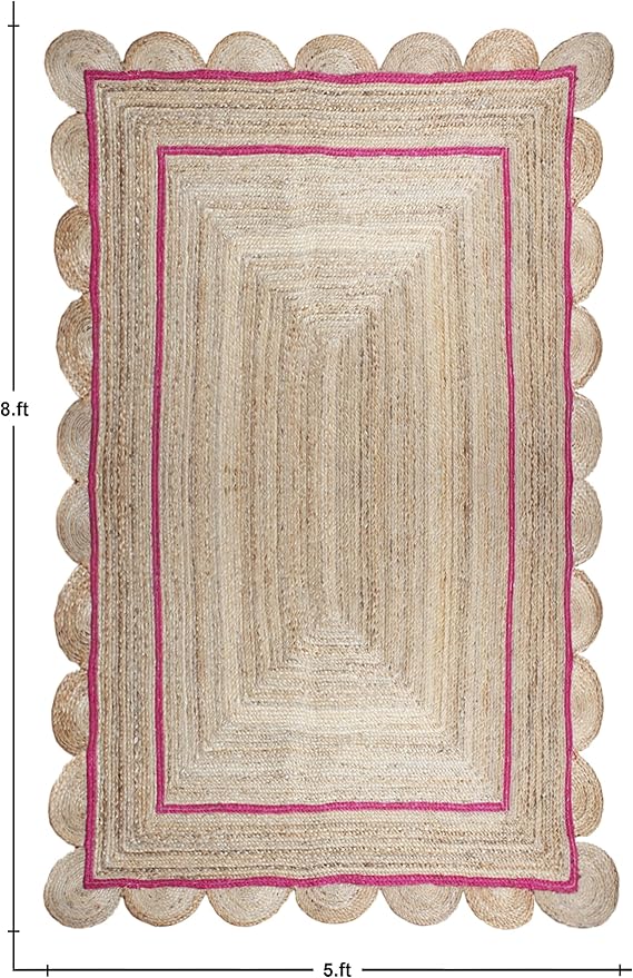 Scalloped Jute Rug, Hand Woven Runner Area Rug, 3x10 Ft Beige & Pink Braided Natural Sisal Kilim Rugs for Living Room, Kitchen, Entryway, Farmhouse
