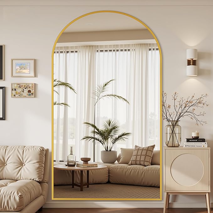 Suidia Arched Full Length Mirror, 90"x46" Floor Mirror Freestanding, Floor Standing Full Body Mirror with Stand for Bedroom, Hanging Leaning Mounted for Living Room Cloakroom, Gold