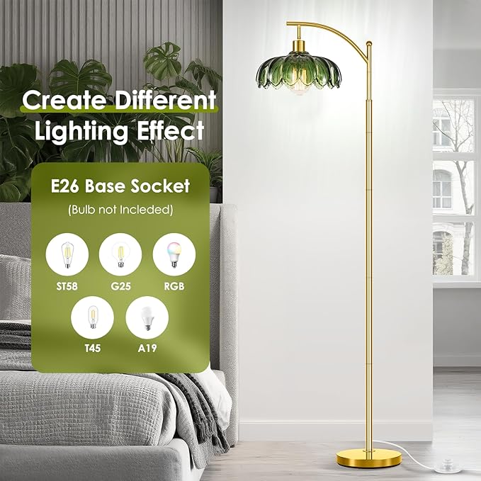 Gold Floor Lamp for Living Room,Unique Vintage Standing Tall Lamp,Mid Century Modern Floor Lamps Arc Green Glass Floor Lamps for Office Corner