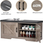 2-Tier Storage Bench, 39.4" Wide Shoe Bench with Padded Seat Cushion, Entryway Bench with 2 Barn Doors and Adjustable Shelf, Greige